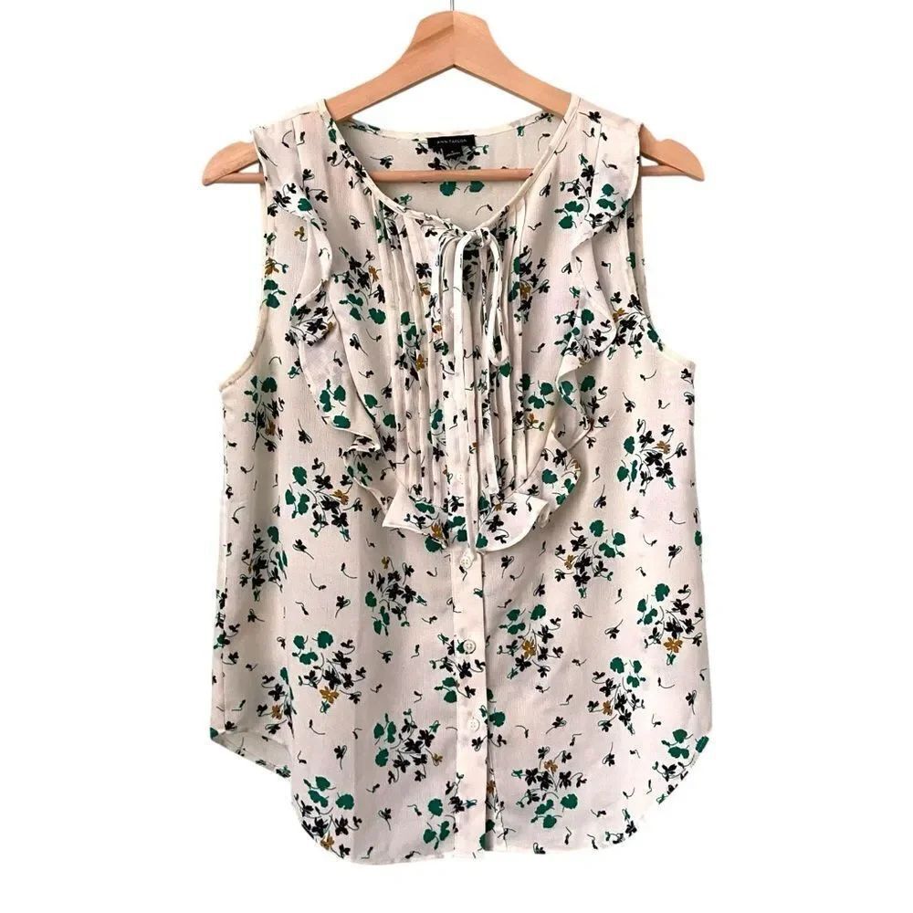 Ann Taylor Floral Sleeveless Blouse - Cream and Green in Size Small